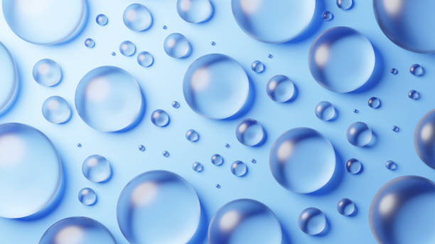 istock 3D Illustration.Multiple clear round glasses on light blue background. Overhead view. (Horizontal) 2157535890