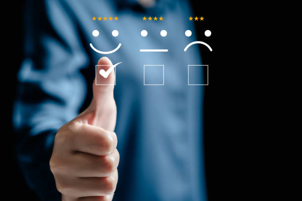 istock Evaluations Satisfaction after service online, user give ratings to service experience on the online application, customers choose review rating scores excellently 2157536979
