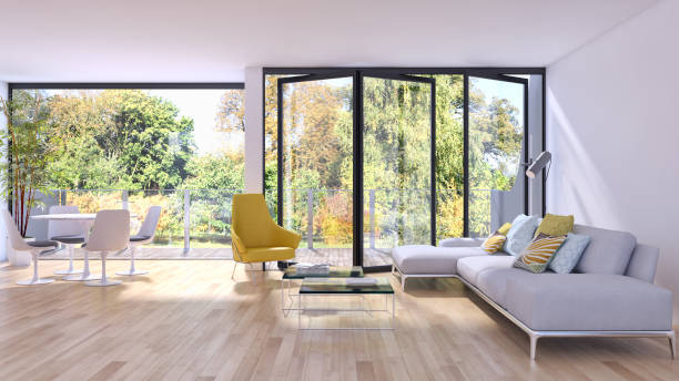 istock Illustration 3D rendering large luxury modern bright interiors Living room mockup computer digitally generated image 2157539381