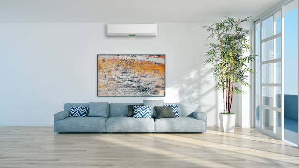 istock modern bright interiors room with air conditioning and remote control illustration 3D rendering 2157540932