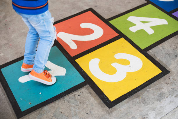 Kid playing hopscotch at school