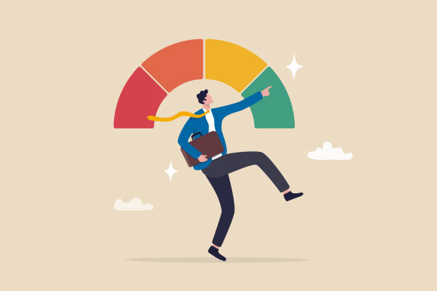 ilustraciones, imágenes clip art, dibujos animados e iconos de stock de evaluación del desempeño, evaluación de la calificación del empleado, revisión de la evaluación o empleado de alto potencial, logro del personal, excelente concepto de candidato al trabajo, hombre de negocios feliz en el indicador de alto rendimiento - evaluación del desempeño