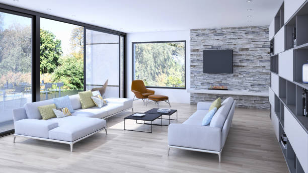 istock Illustration 3D rendering large luxury modern bright interiors Living room mockup computer digitally generated image 2157545510