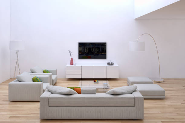 istock Illustration 3D rendering large luxury modern bright interiors Living room mockup computer digitally generated image 2157546504