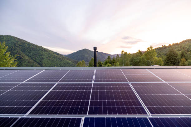istock Rooftop with solar panels on house in mountains, 2157548831