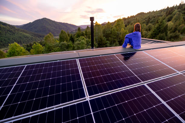 istock Rooftop with solar panels on house in mountains, 2157549241