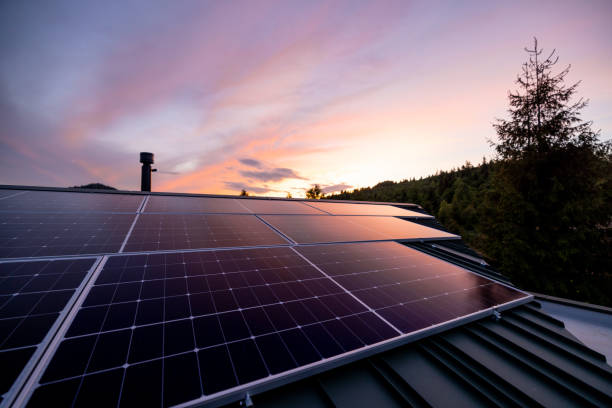 istock Rooftop with solar panels on house in mountains, 2157549536