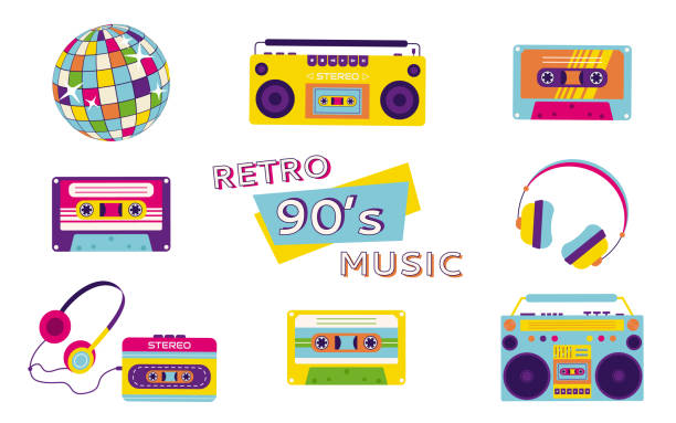 istock 90s retro elements set. Disco ball, player with headphones, tape recorder, audio tapes. Aesthetics of the 90s 2157558338