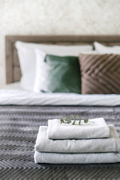 istock Bed with eucalyptus plant over fresh guest towels 2157561517