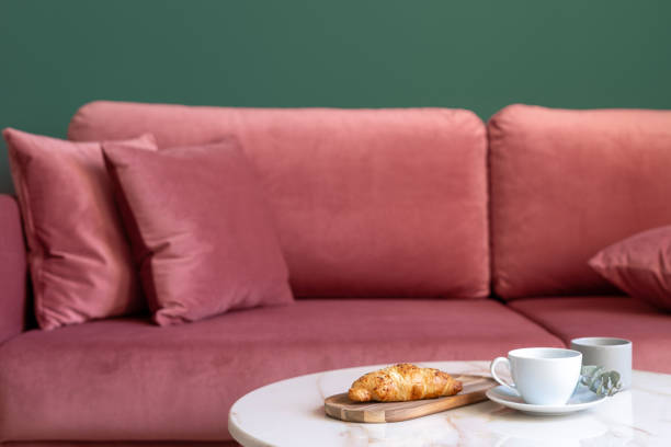 istock Selective focus on marble countertop of coffee table with breakfast 2157561534