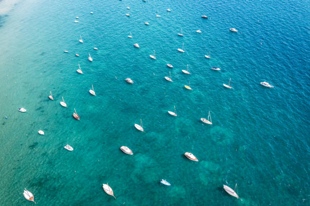 An aerial point of view of boats anchored at Sorrento Front Beach Mornington Peninsula, VIC Australia