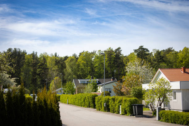 Street view from Swedish countryside with blue sky in spring.