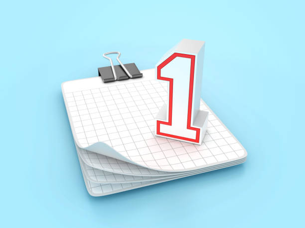 Graph Paper Note Pad with Clip and Number One - Colored Background - 3D Rendering