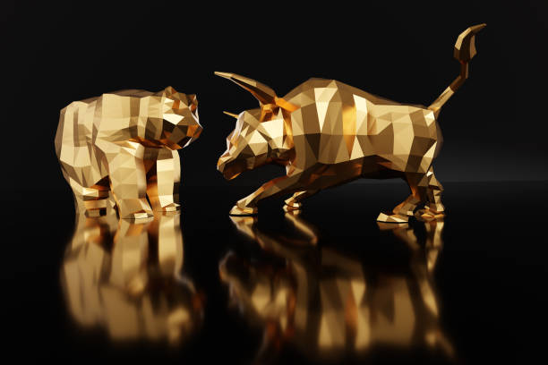 istock Low poly golden bull and bear facing each other on black reflective surface. 3D illustration of the concept of bullish and bearish stock market and the uncertainty of the financial market 2157563548