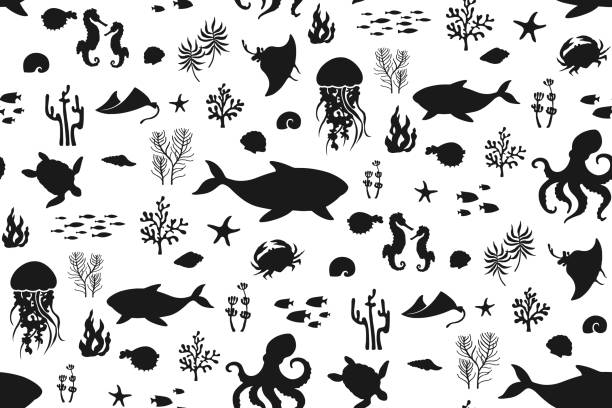 Ocean sea animals silhouette seamless pattern marine shell nautical endless background vector design Ocean sea animals silhouette seamless pattern. Marine jellyfish, seashell seahorse fish crab, whale, medusa. Nautical undersea boundless background. Endless template design for paper print backdrop sea life stock illustrations