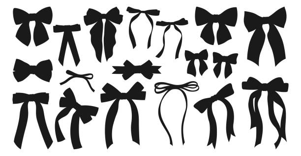 Ribbon bows silhouette set various shape cartoon bow knot gift tape ribbon accessory vector design Ribbon bows silhouette set. Various shape cartoon bow knot gift tape ribbon, hair accessory. Trendy elegant adornment for Valentines Day, wedding celebration birthday decoration. Vector illustration archery bow stock illustrations