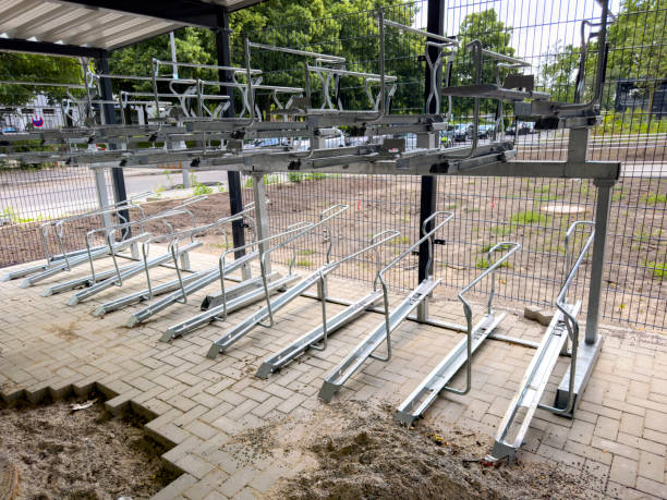 istock View of an almost completed bicycle garage. 2157565596