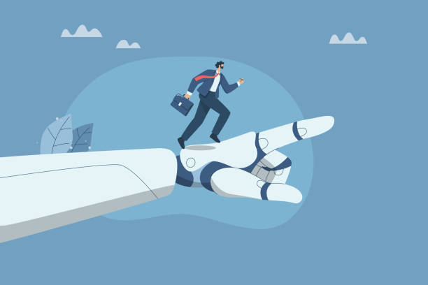 Collaboration of personnel with artificial intelligence, Setting goals to improve company growth with the support of AI, New innovative concept, Businessman runs up on robot hand pointing upwards. Collaboration of personnel with artificial intelligence, Setting goals to improve company growth with the support of AI, New innovative concept, Businessman runs up on robot hand pointing upwards. robot-hand-reaching stock illustrations