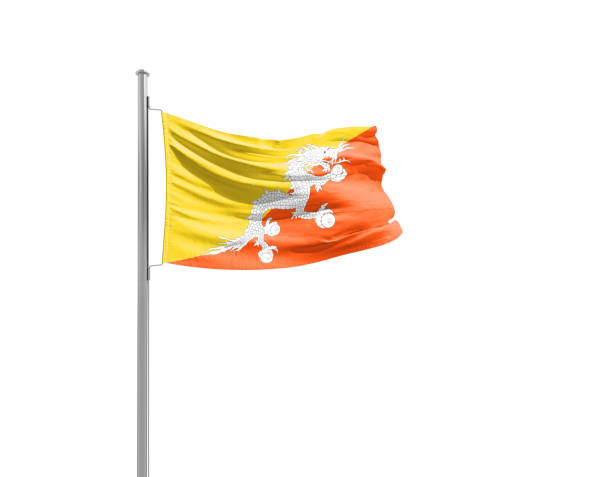 Bhutan flag waving mast on white background with clipping path.