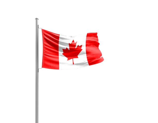 Canadian flag with red maple leaf waving outdoors, symbol of pride and national identity