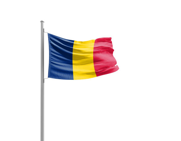Chad flag waving mast on white background with clipping path.