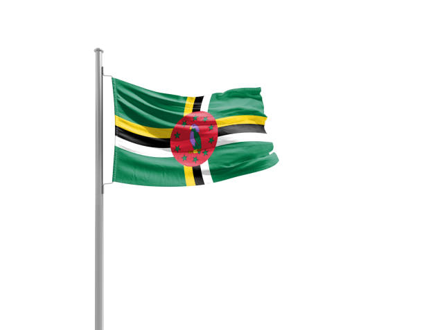 Dominica flag waving mast on white background with clipping path.