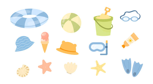 Summer kids beach set. Summer kids beach set. Diving mask, diving fins, snorkel and water goggles. Sun hat, swim ring, sand bucket, ice cream, shells. Flat vector illustration. cartoon of a swimming goggles stock illustrations