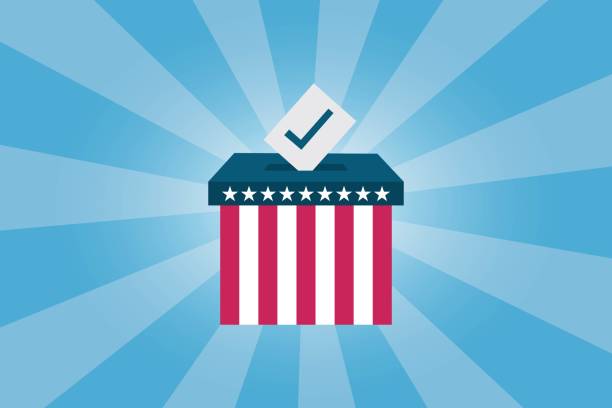 istock Election ballot. American flag vote. Putting voting paper into box. Bright modern background with stripes. 2157569009