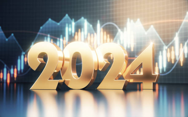 istock New Year 2024 with Metallic Reflection on Finance Background 2157577013
