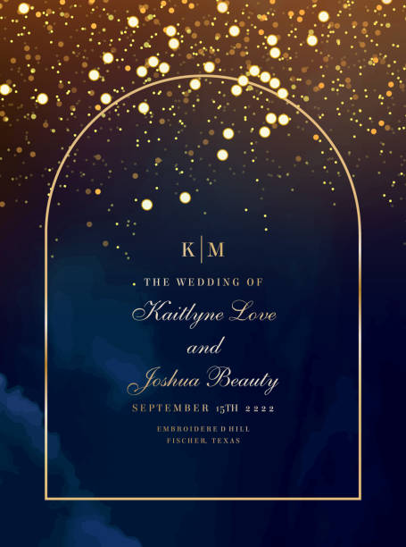 Magic night dark blue frame with sparkling glitter bokeh and light art. Square vector wedding card. Gold confetti Magic night dark blue frame with sparkling glitter bokeh and light art. Square vector wedding card. Gold confetti and navy background. Golden scattered Christmas dust. Fairytale magic star template streaky lights stock illustrations