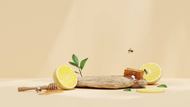 istock 3D rendering illustration of honey and lemon on an empty space rock podium display, designed for product mockup background showcasing merchandise in a landscape setting 2157578486