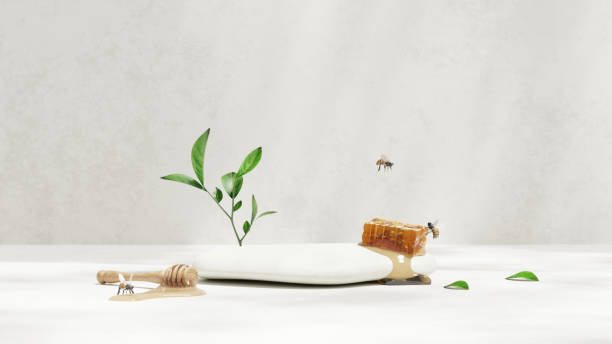 istock 3D rendering illustration of honey on an empty space rock podium display, designed for product mockup background showcasing merchandise in a landscape setting 2157578493