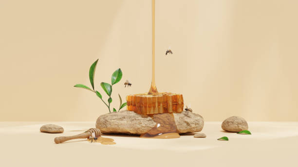 istock 3D rendering illustration of honey on an empty space rock podium display, designed for product mockup background showcasing merchandise in a landscape setting 2157578575