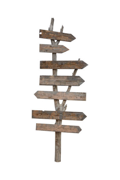 wooden road sign for hiking isolated on white background