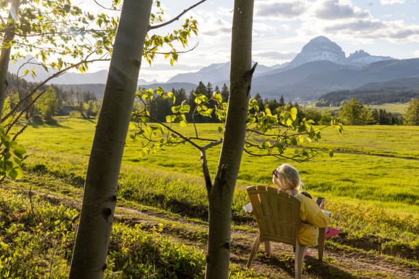 istock Senior woman relaxes in mountain meadow 2157586257