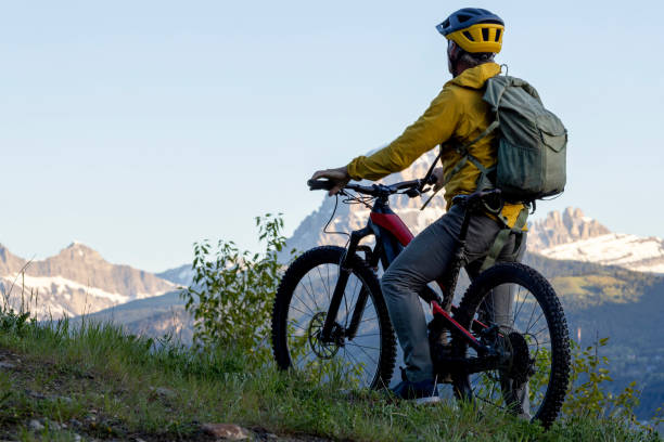 istock Mountain biker looks towards snowcapped mountain 2157586590