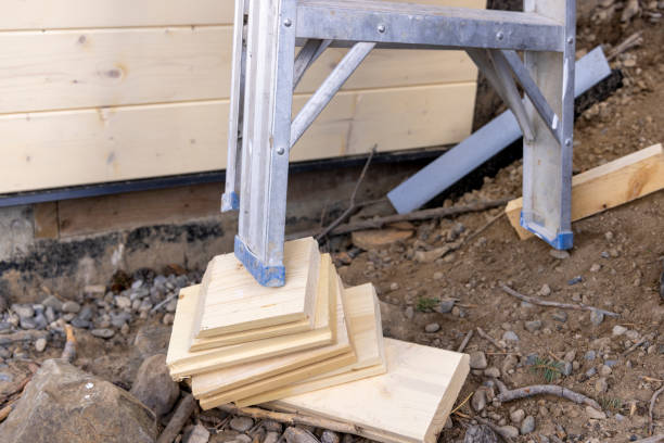 Low angle view of ladder and wood blocks, outdoors