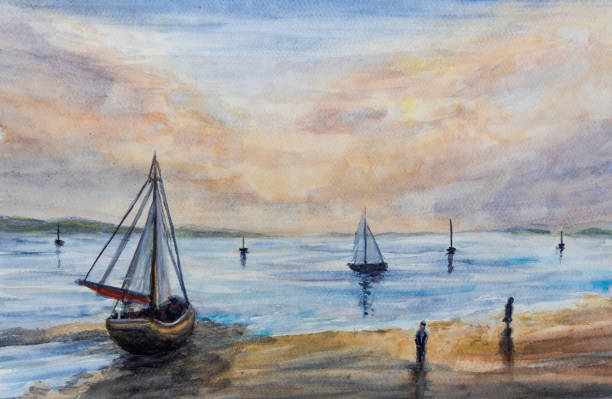 istock Ship on lake, sea and people walking on shore under sunset sky. Hand painted watercolor landscape scene 2157591626