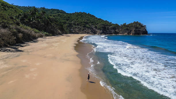 istock Aerial view of woman walking along empty beach 2157594376