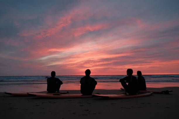 istock Paddle boarders watch sunset 2157594660