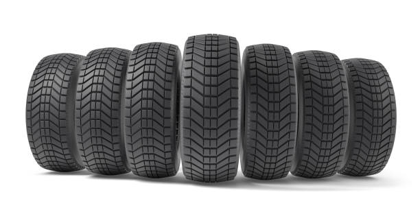 istock A row of six automobile tires isolated on white background 2157596407