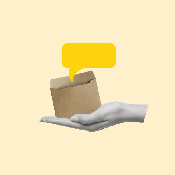 istock Contemporary art collage of hand holding an envelope with a dialogue bubble. 2157598389