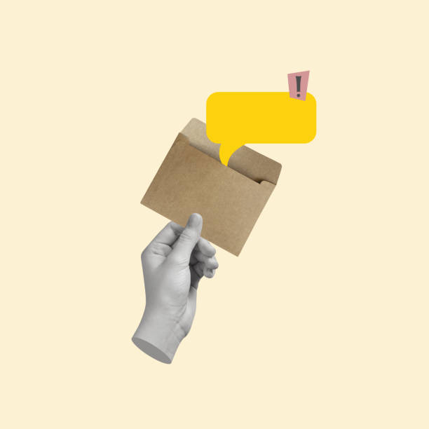 istock Contemporary art collage of hand holding an envelope with a dialogue bubble and exclamation point. 2157598392
