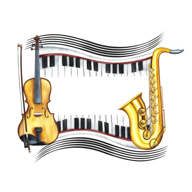 istock The frame is musical with a violin, piano keys and a saxophone. The watercolor illustrations are made by hand. For posters, flyers and invitation cards. For stickers, labels and packages. 2157599911