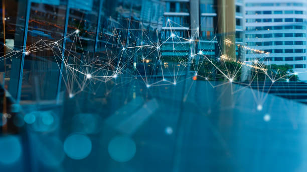 istock Wireless network and Connection technology concept with Abstract buildings and city background 2157600522