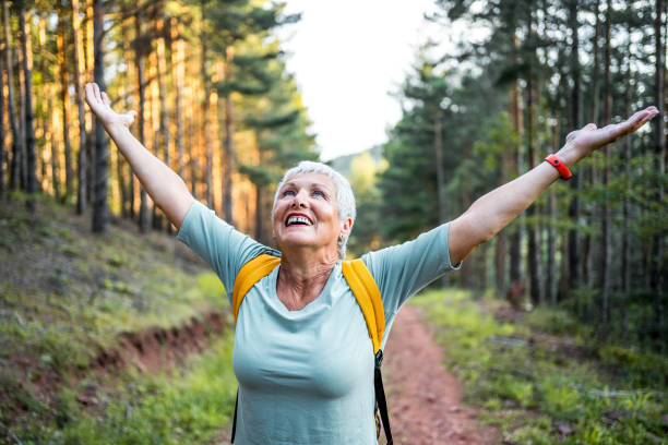 istock Happy senior woman on hiking 2157602042