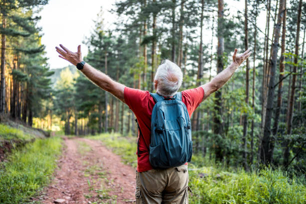 istock Happy senior man on hiking 2157602085