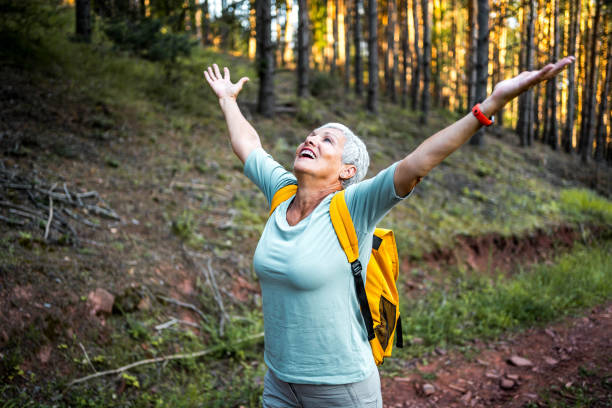 istock Happy senior woman on hiking 2157602418