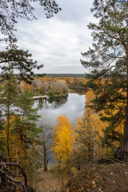 istock Autumn river valley with colorful forest 2157615367