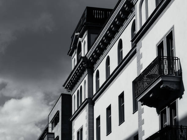 Low angle view of a building in black and white